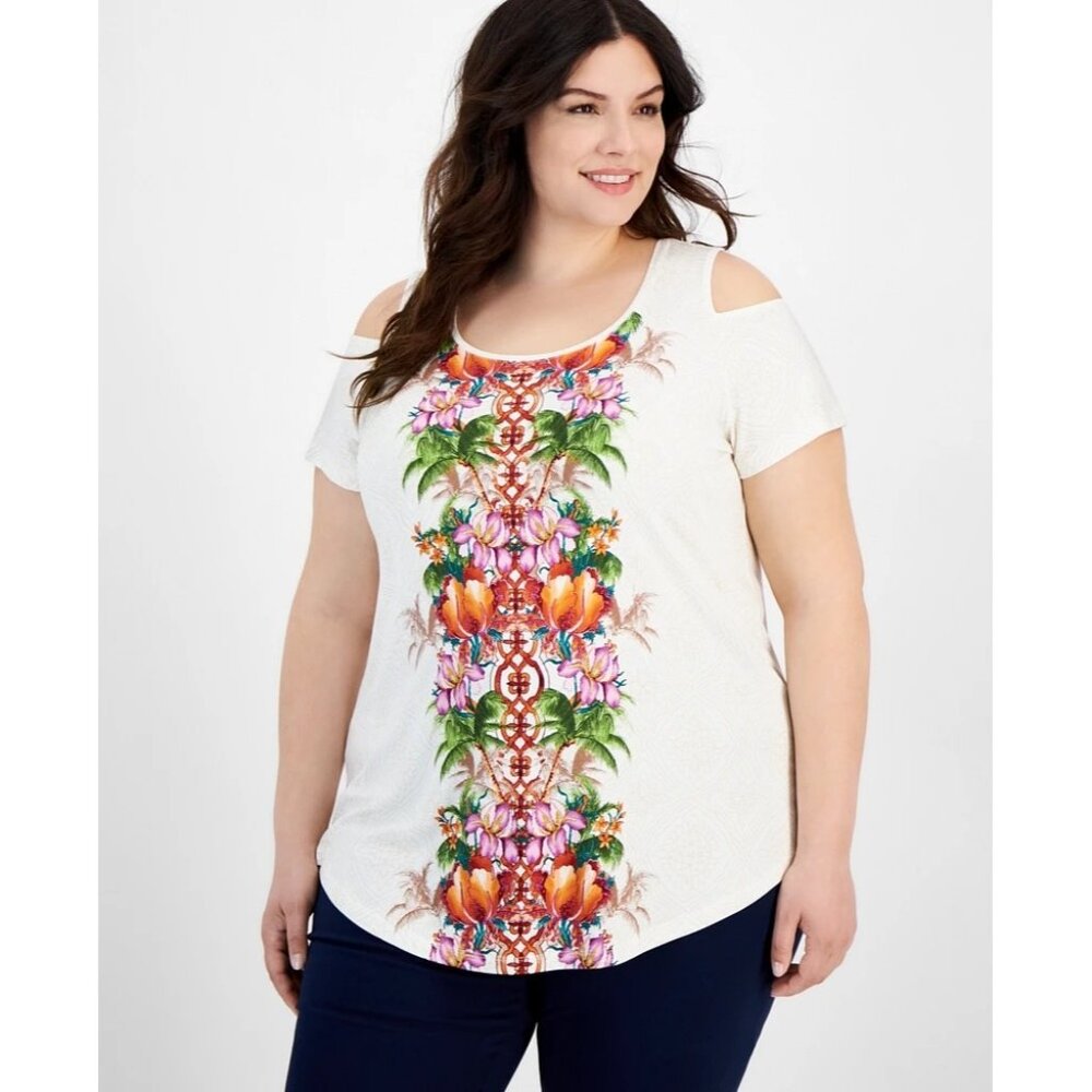 NEW JM Collection Womens Plus 3X Floral Cold Shoulder‎ Tunic Top Stretch Shirt